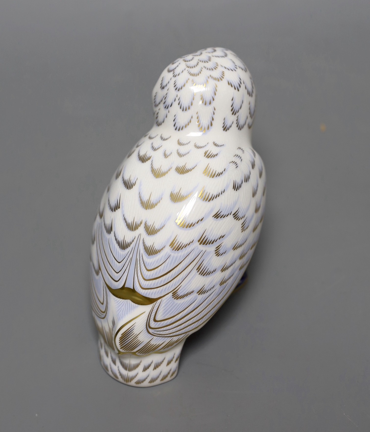 A Royal Crown Derby paperweight - Snowy Owl, gold stopper, boxed, no certificate.